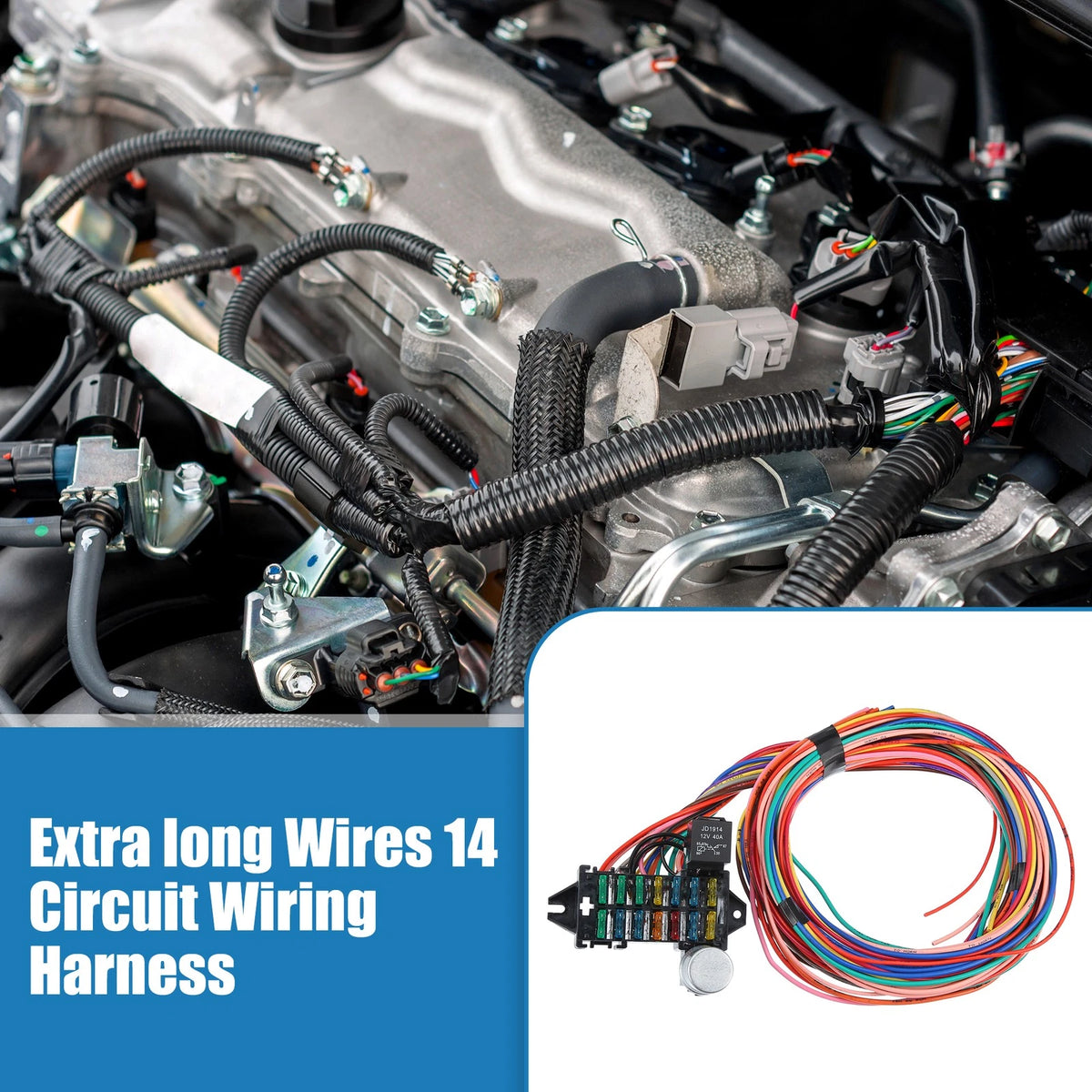 Universal 14 Circuit Wiring Harness Kit with Fuses for GM & Ford