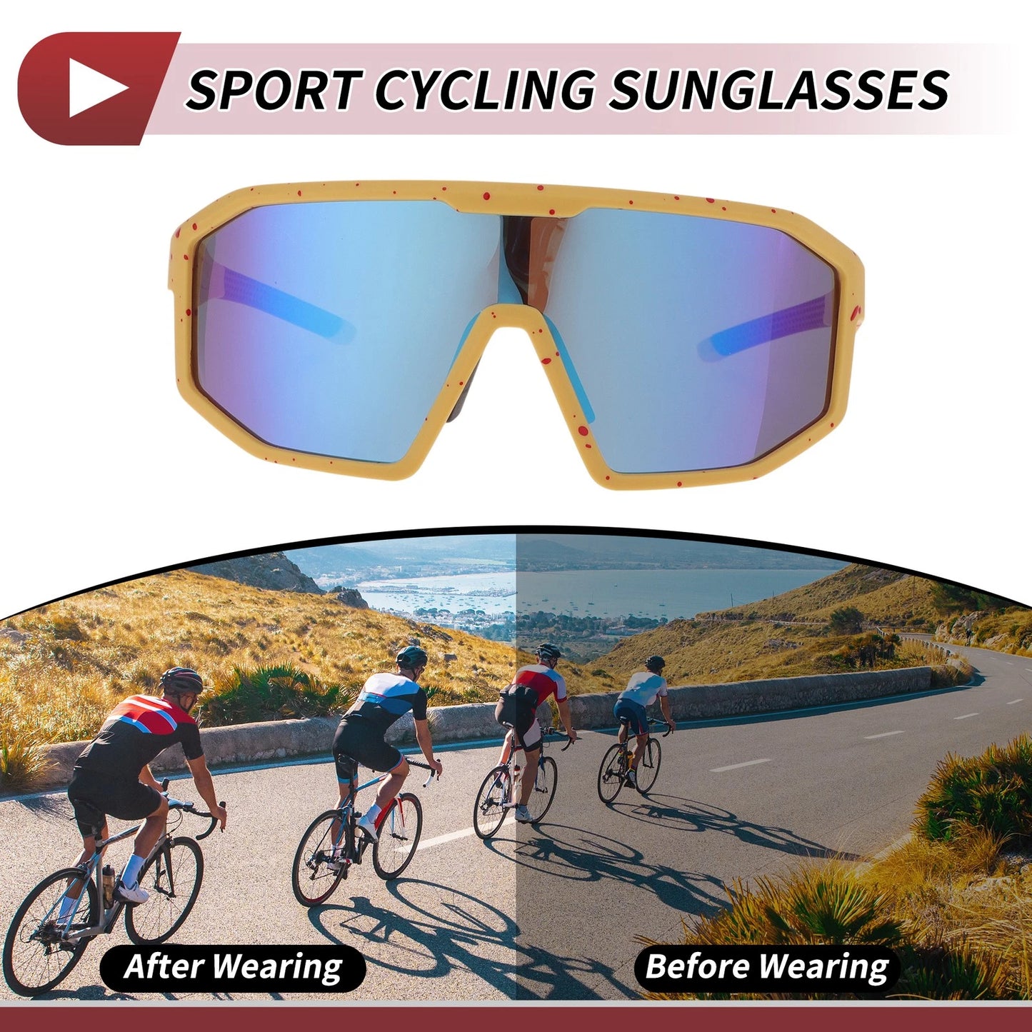 Motorcycle Riding Goggles Blue Lens Yellow Red Frame UV400