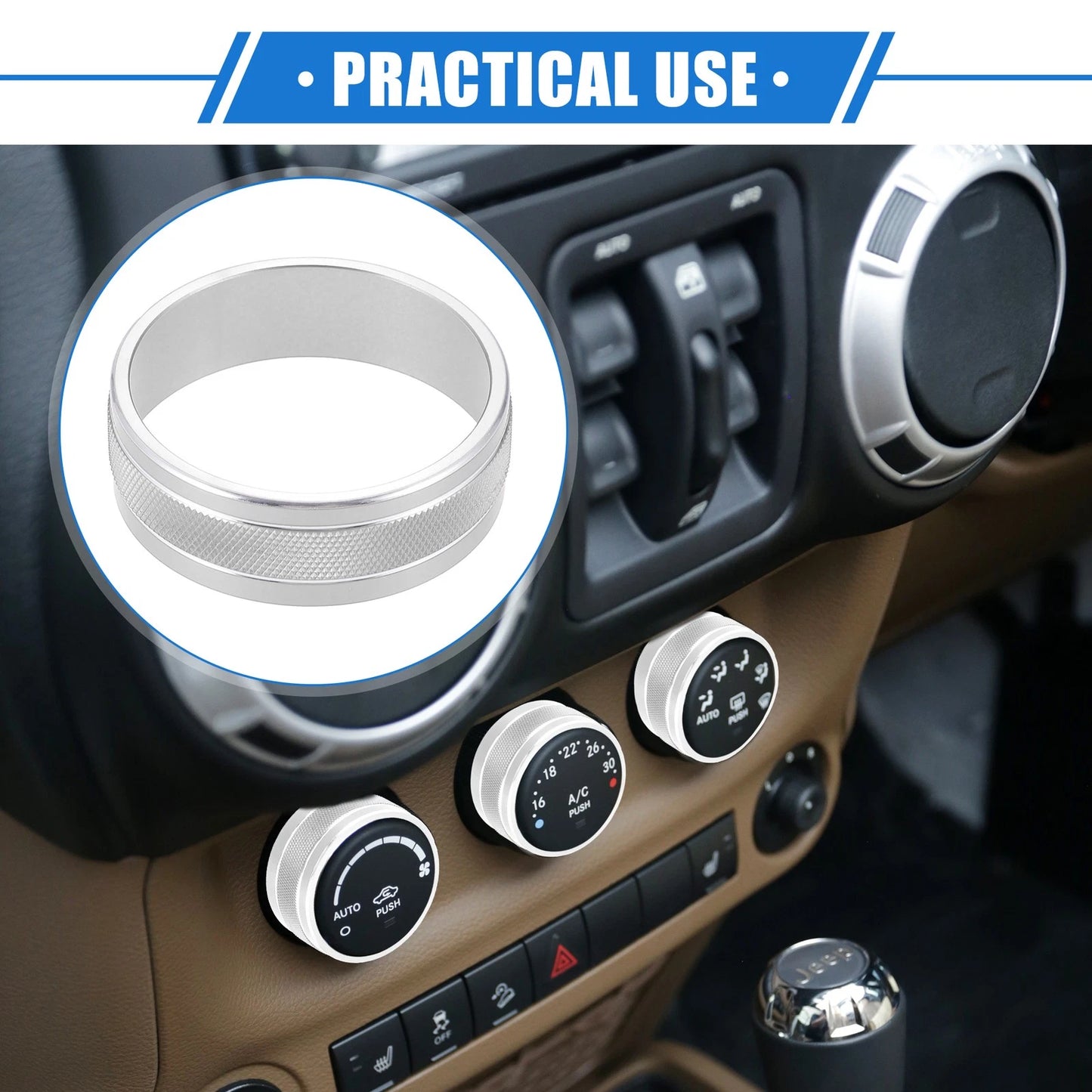 3 x Car AC Switch Knob Cover Rings for Jeep Wrangler JK JKU (2011-2018) Silver