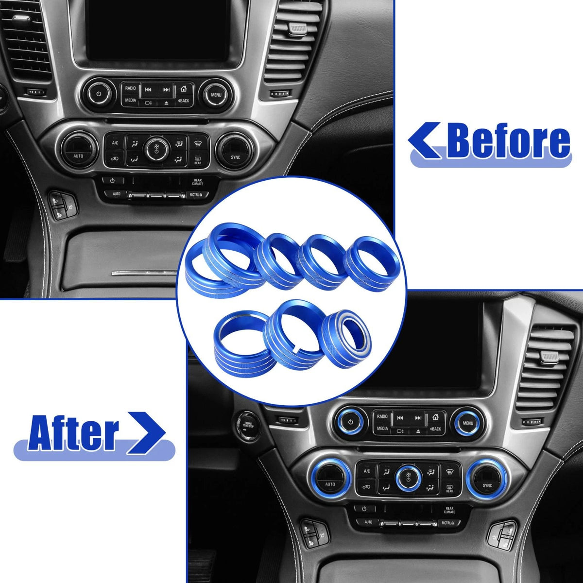 8 x Blue AC Radio Knob Covers for Chevy Silverado / GMC Sierra (2014-2018)