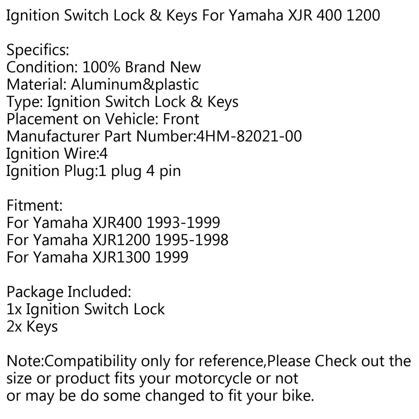 Ignition Lock Cylinder for Yamaha XJR400, XJR1200, XJR1300 (93-99, 95-98)