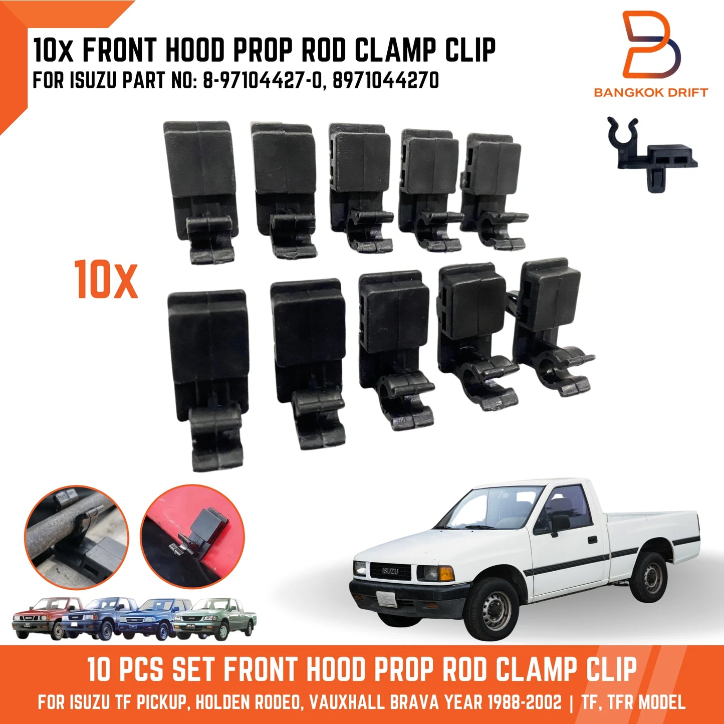 10x Hood Prop Rod Support Clip for Holden Rodeo Ute TF Isuzu TFR (88-02)