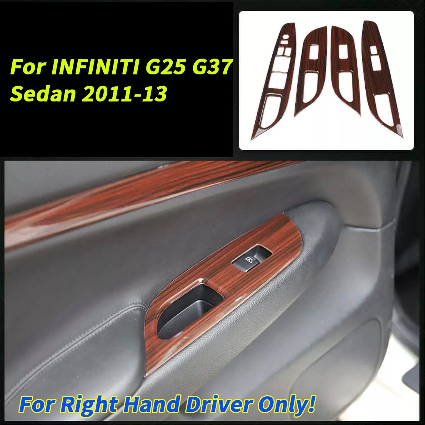 RHD 4x Wood Grain Door Lift Panel Cover for INFINITI G25 G37 Sedan (2011–2013)