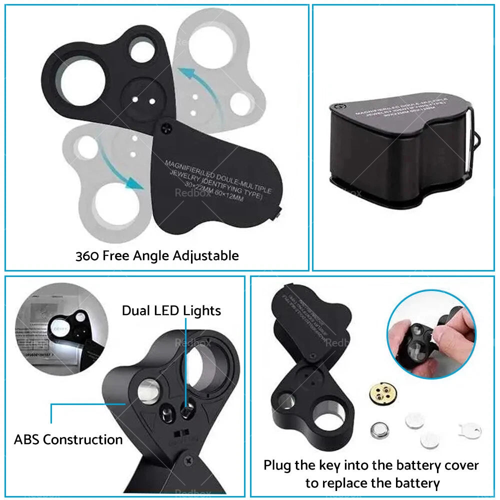 60X 30X LED Light Pocket Jewellers Loupe Magnifier for Jewelry