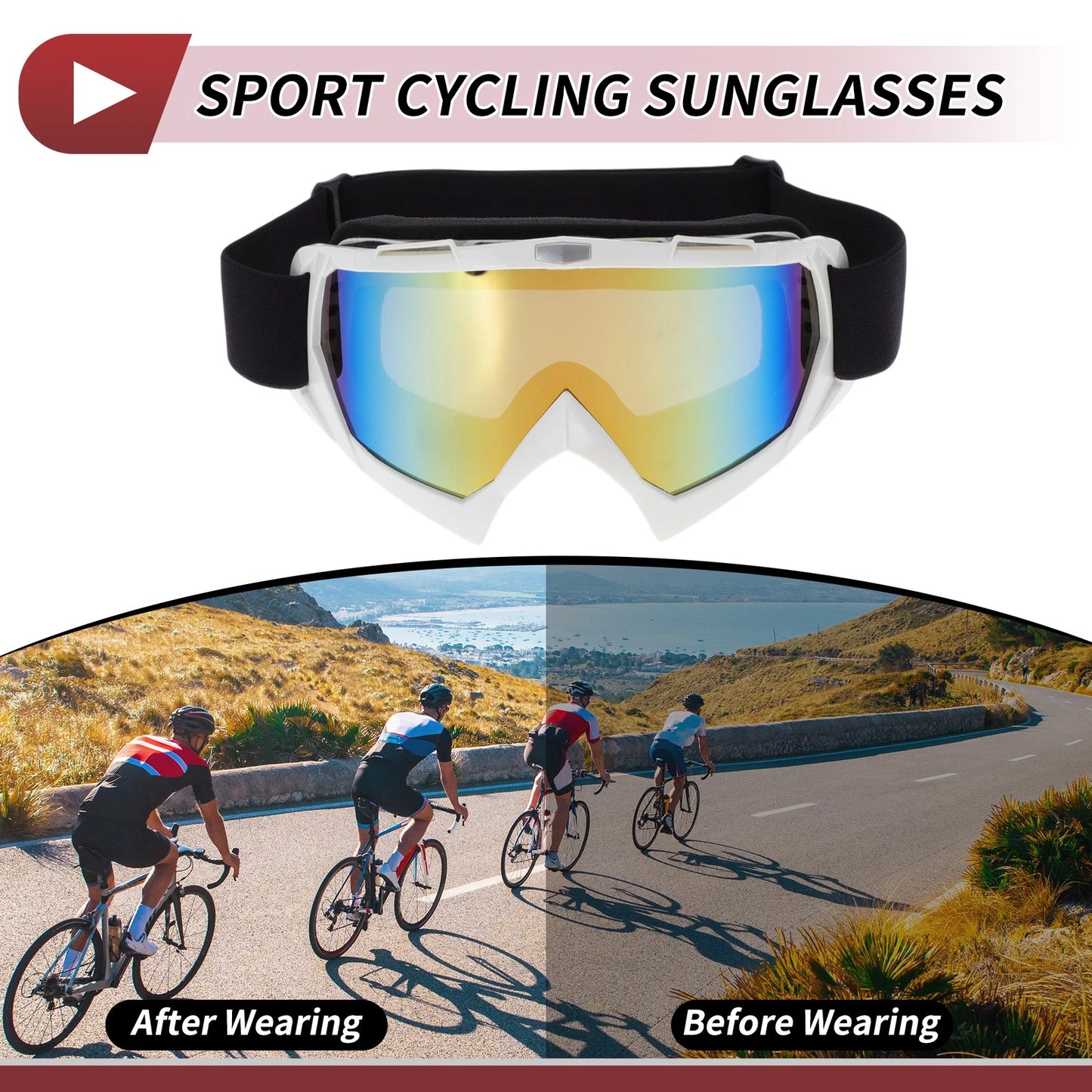 Motorcycle Riding Goggles Colorful Lens White Frame PC TPU Cycling Sunglasses