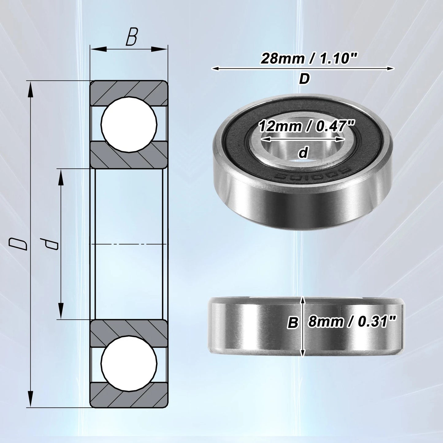 Deep Groove Ball Bearings 12x28x8mm Double Rubber Sealed for Make Model