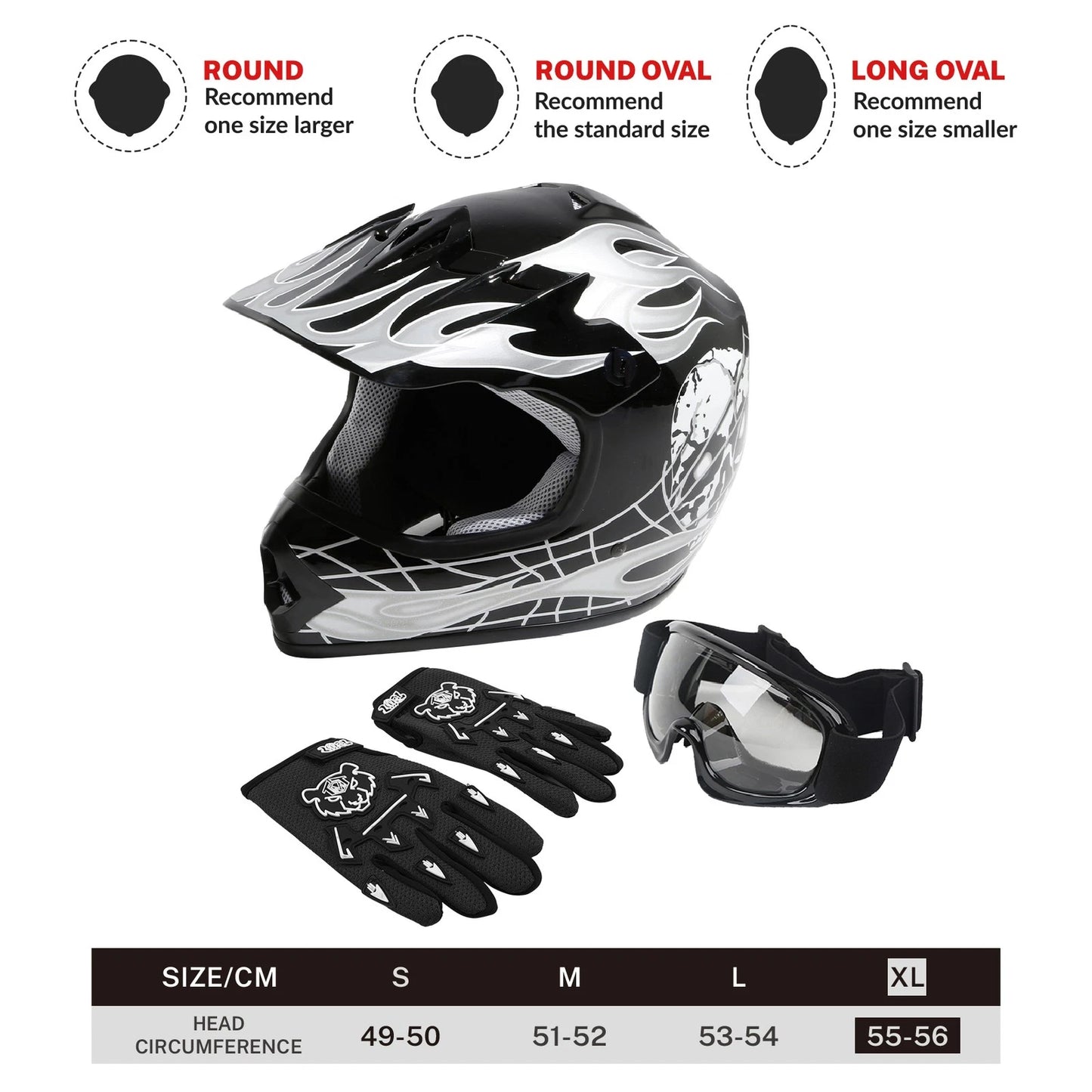 Youth ATV Motocross Dirt Bike Skull Helmet & Goggles Gloves S M L XL