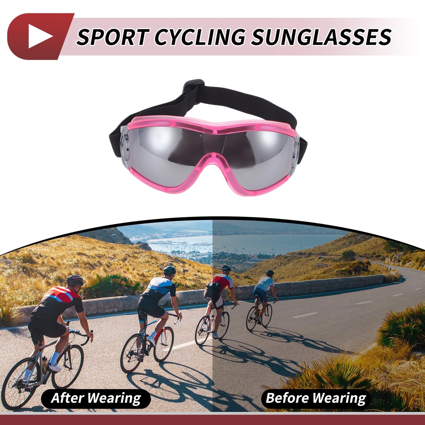 Motorcycle Riding Goggles Silver Tone Lens Pink Frame PC PU Cycling Sunglasses