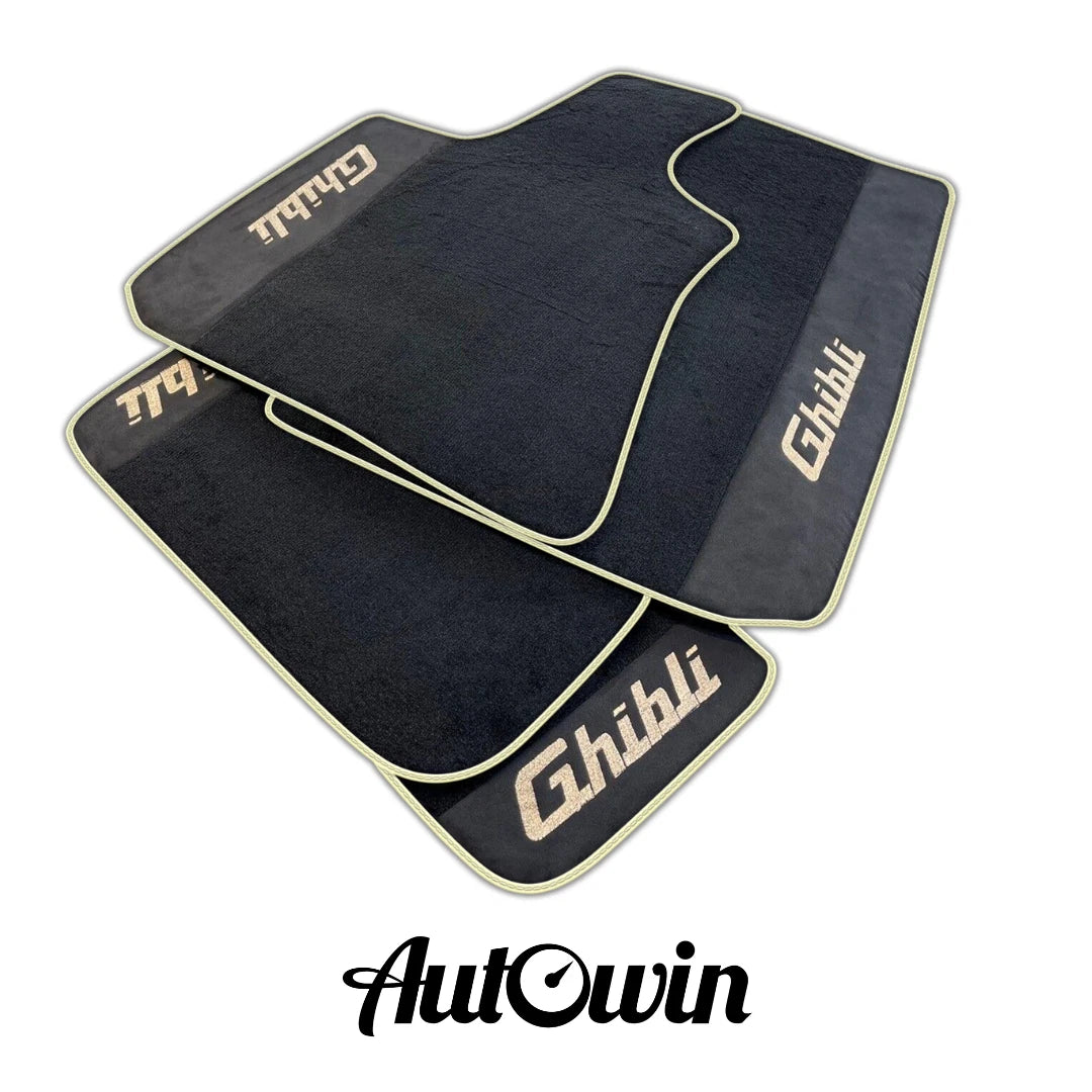AutoWin Black Floor Mats for Maserati Ghibli (2014-2023) - Alcantara, White Trim