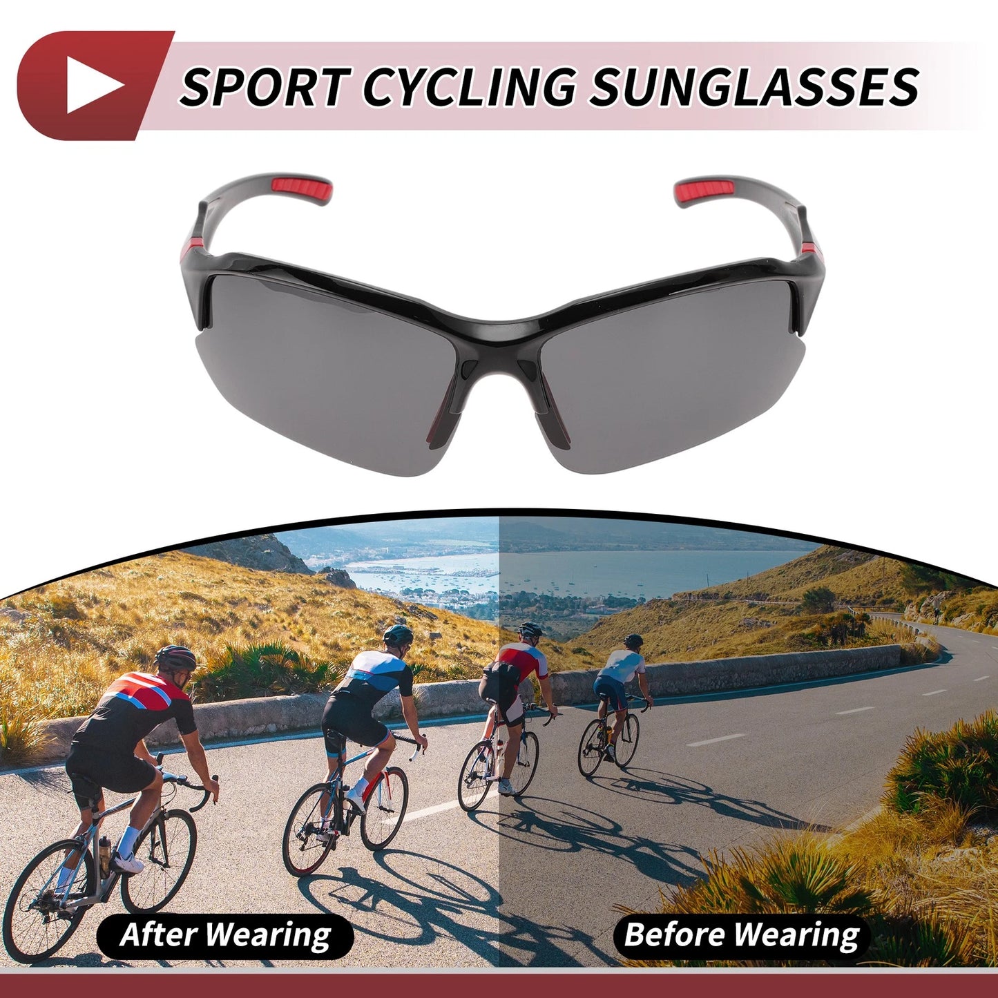 Motorcycle Riding Goggles Deep Gray Lens Black Red Frame Tri-acetel PC
