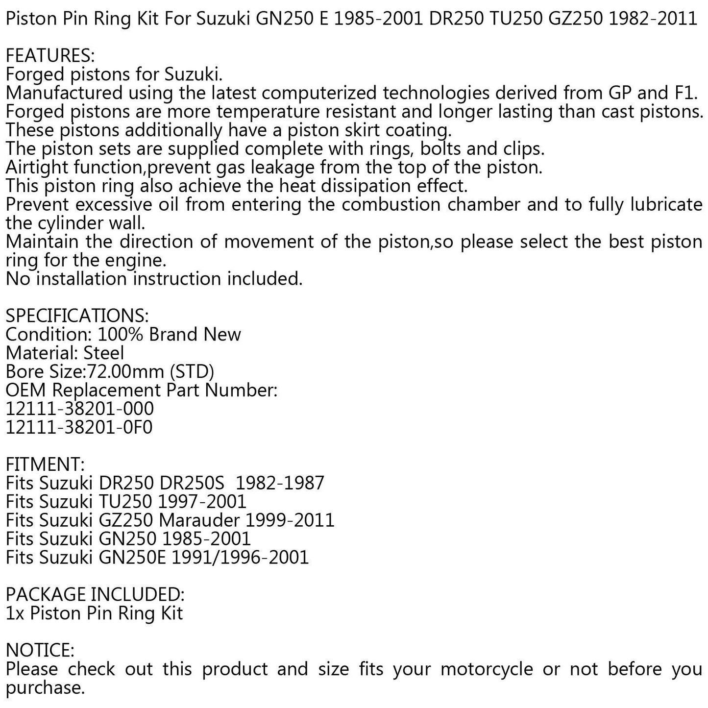 Piston Ring Kit 72mm for Suzuki DR250 GN250 (1982-2001)