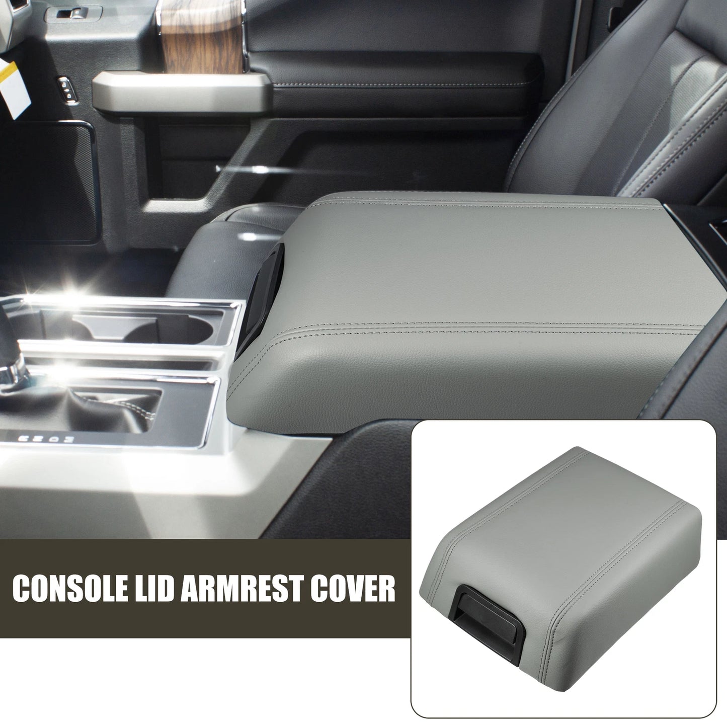 Center Console Lid Armrest Cover for Ford F-150 (2015-2023) - Faux Leather Gray