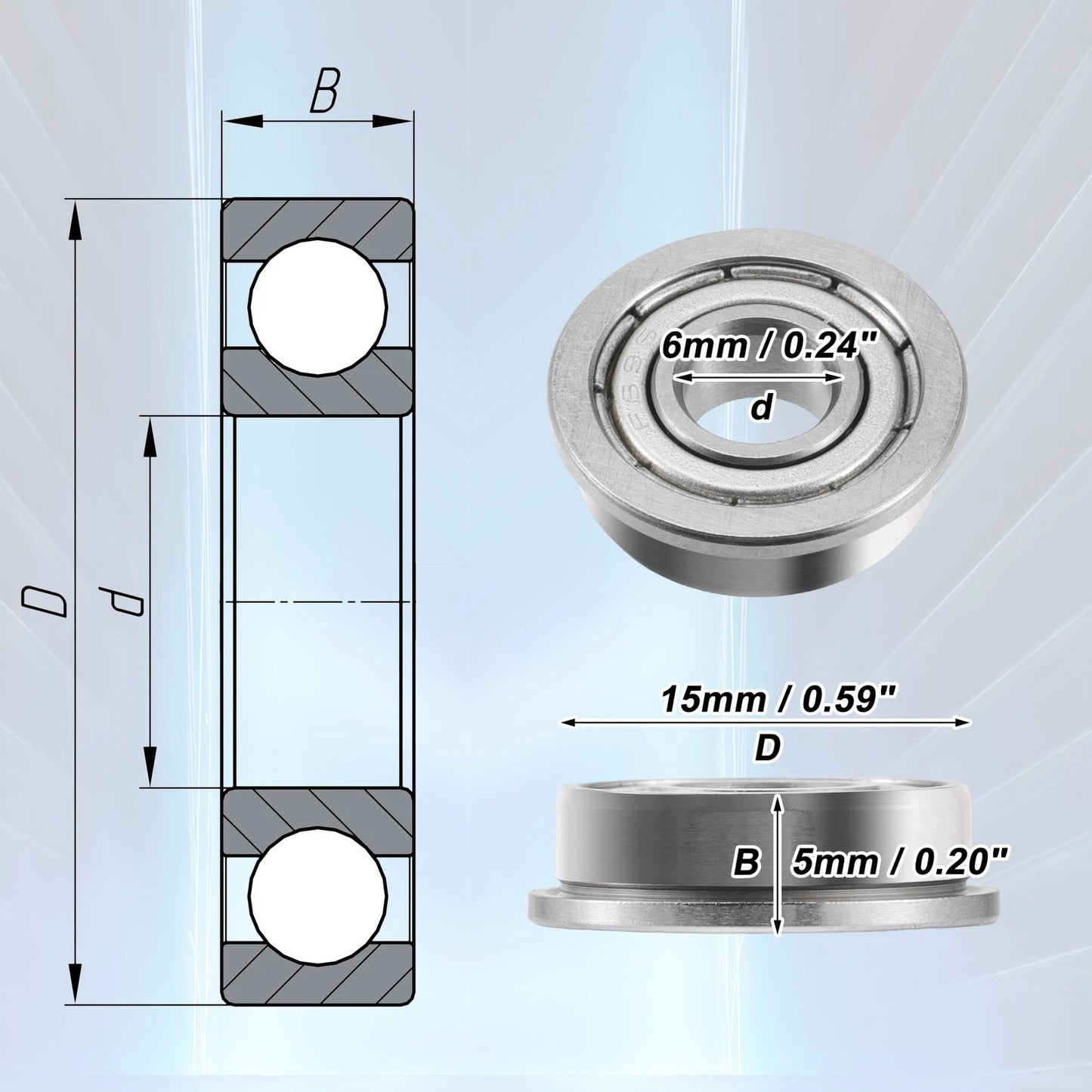 10 x 6x15x5mm Single Row Flanged Bearings Deep Groove Ball Bearings for F696ZZ