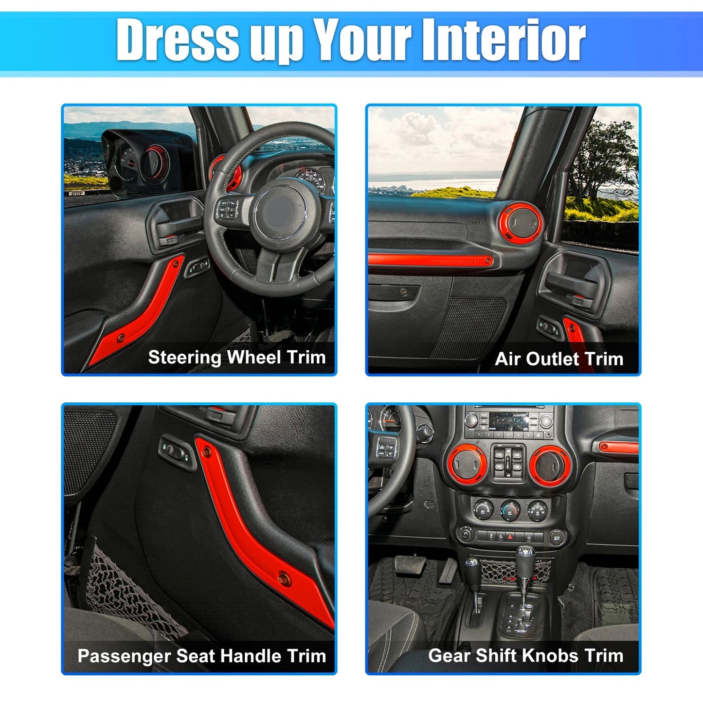 21pcs Interior Trim Kit for Jeep Wrangler JK (2011-2018) - Red Decoration Set