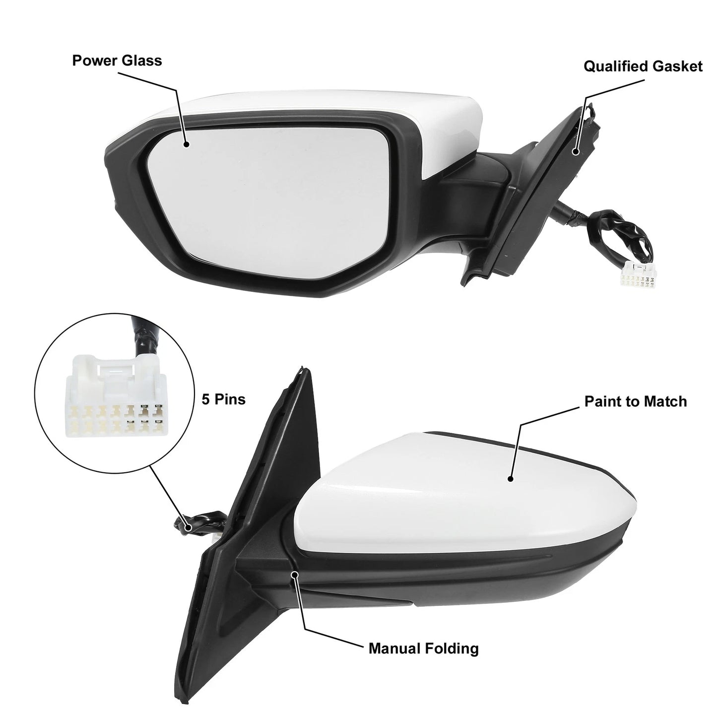 5 Pin Left Side Exterior Door Mirror Assembly for Honda Civic (2016-2020)
