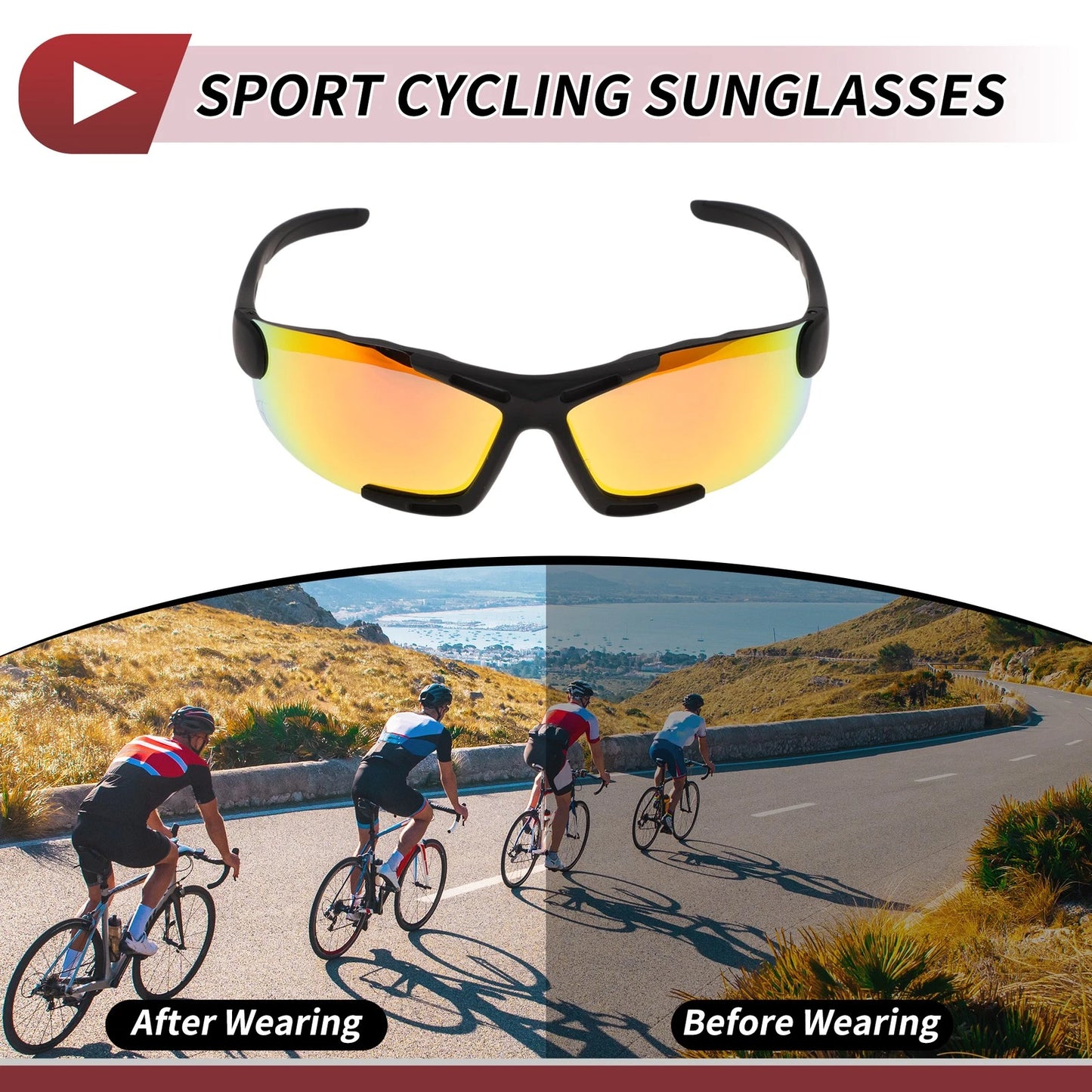 Motorcycle Riding Goggles Red Lens Black Frame Shades Glasses for Men and Women