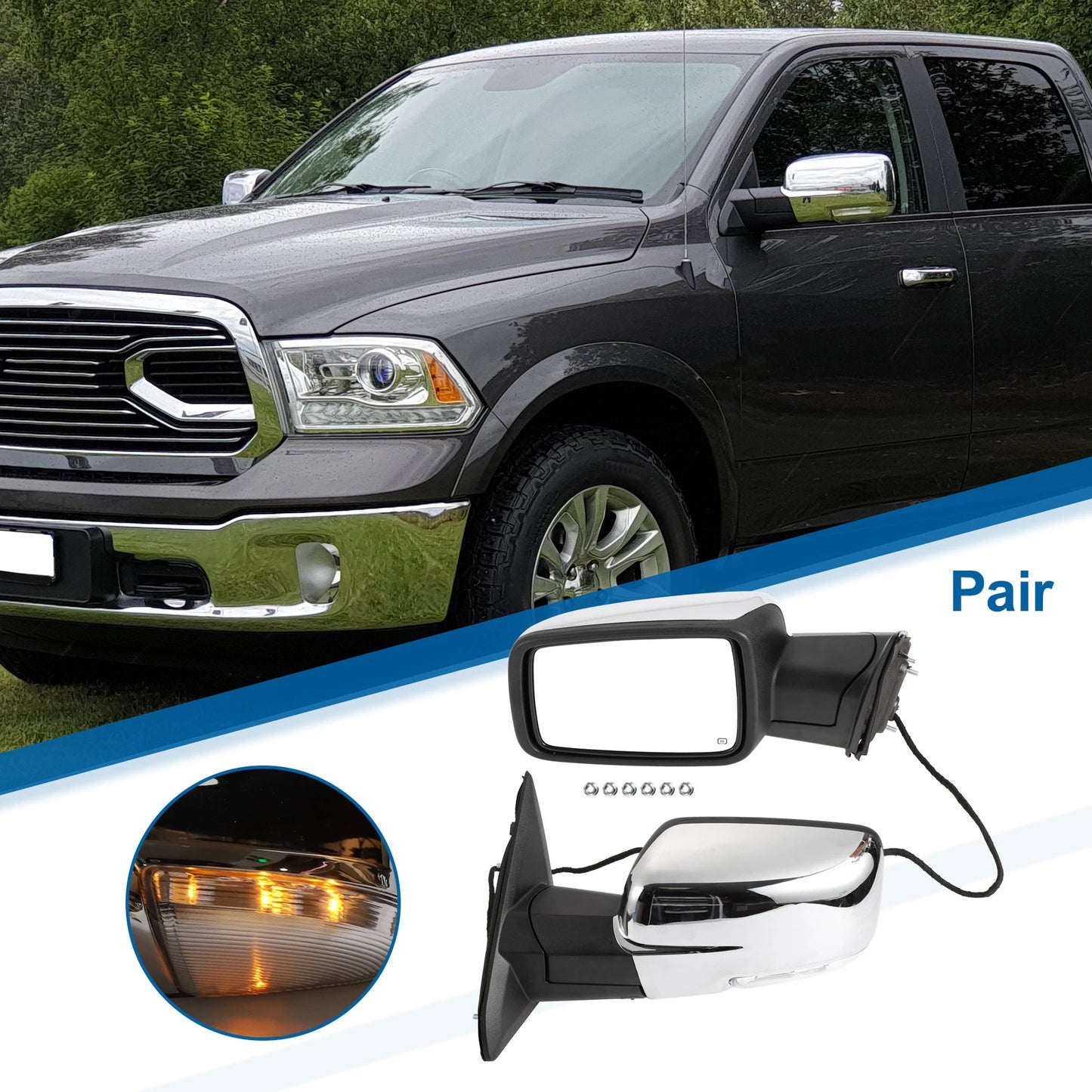 Tow Mirrors for Dodge Ram 1500 with Turn Signal Lights Silver Tone 1 Pair