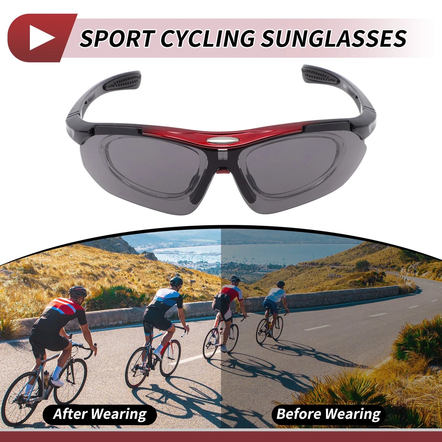 Set Motorcycle Riding Goggles Dark Gray Lens Red Black Frame Cycling Sunglasses