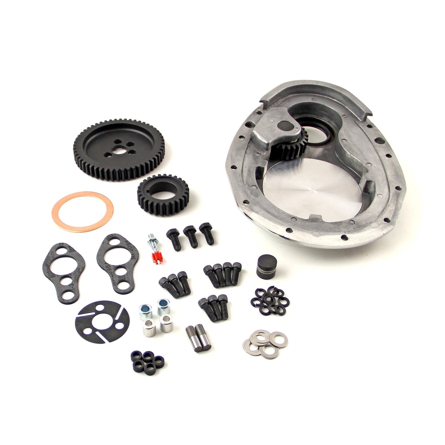 SBC 350 Single Idler Noisey Timing Gear Drive & Aluminum Timing Cover for Chevy