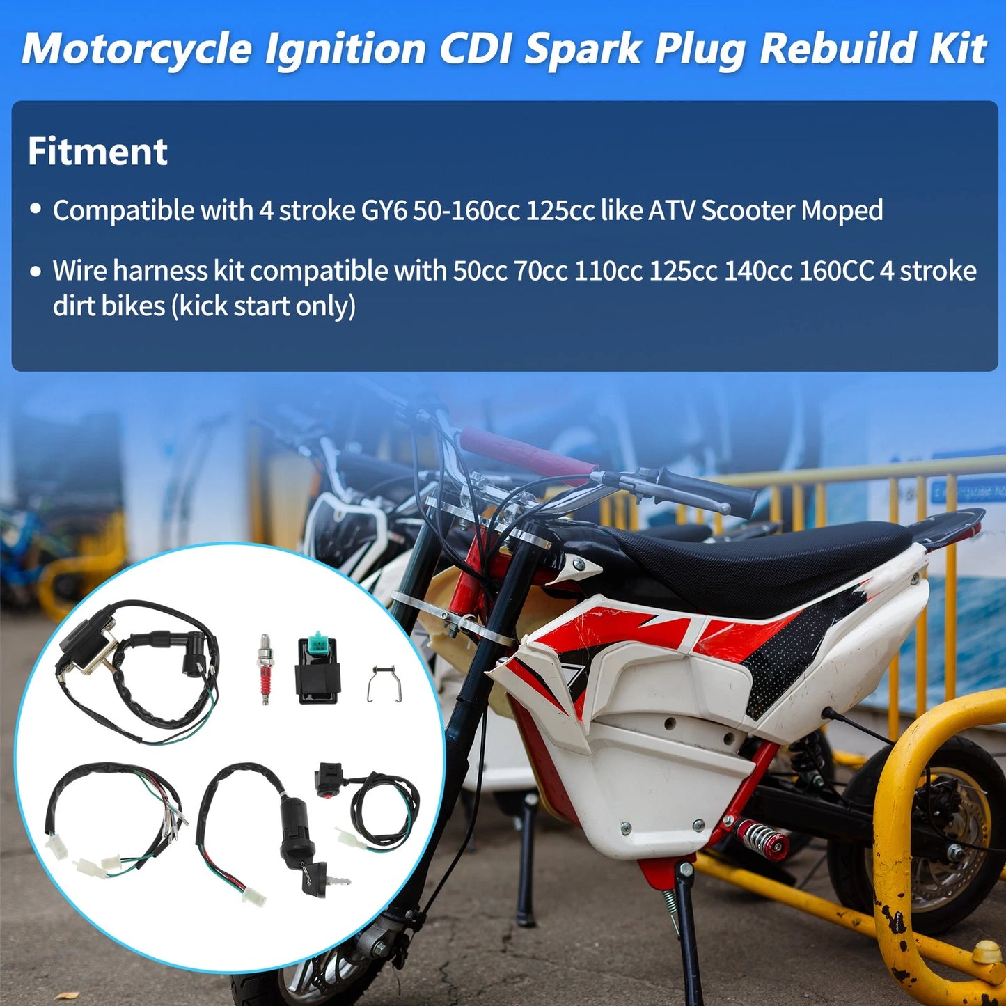 Ignition Wire Harness Key Switch Ignition Coil CDI Spark Plug for Motorcycle