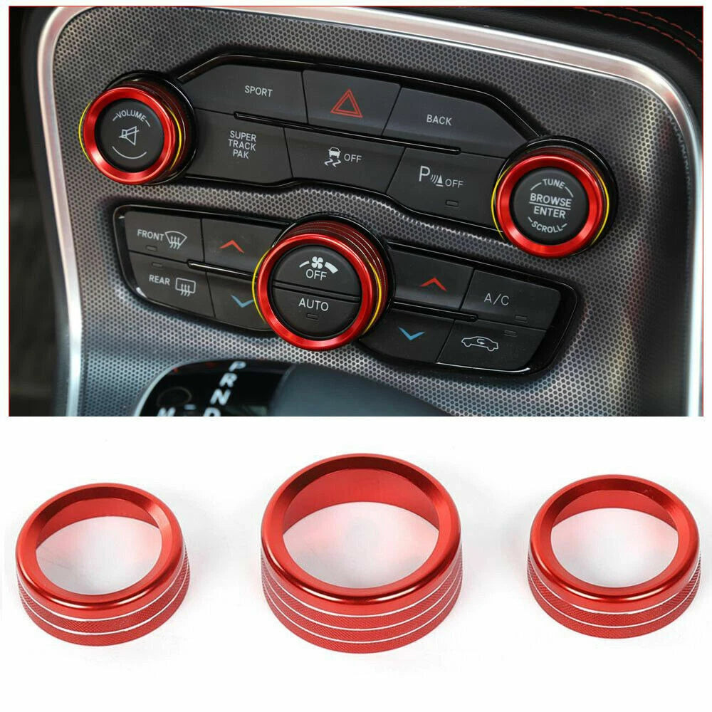 Red Aluminum AC & Radio Switch Knob Cover Bezels fit for Challenger 2015-2019