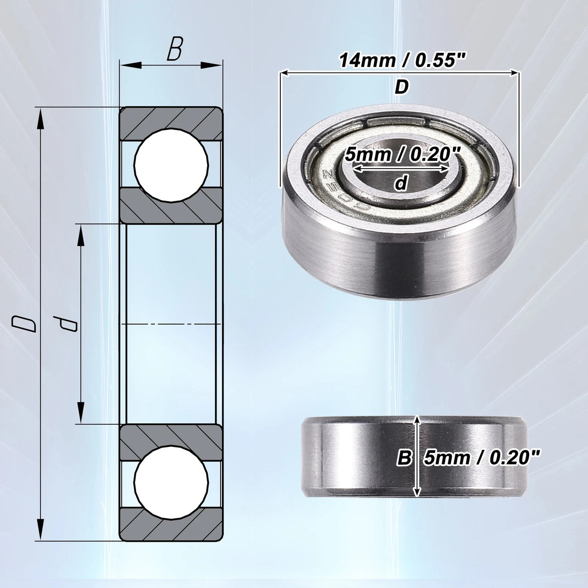 20pcs 5x14x5mm Double Metal Shield Deep Groove Ball Bearings for Machinery