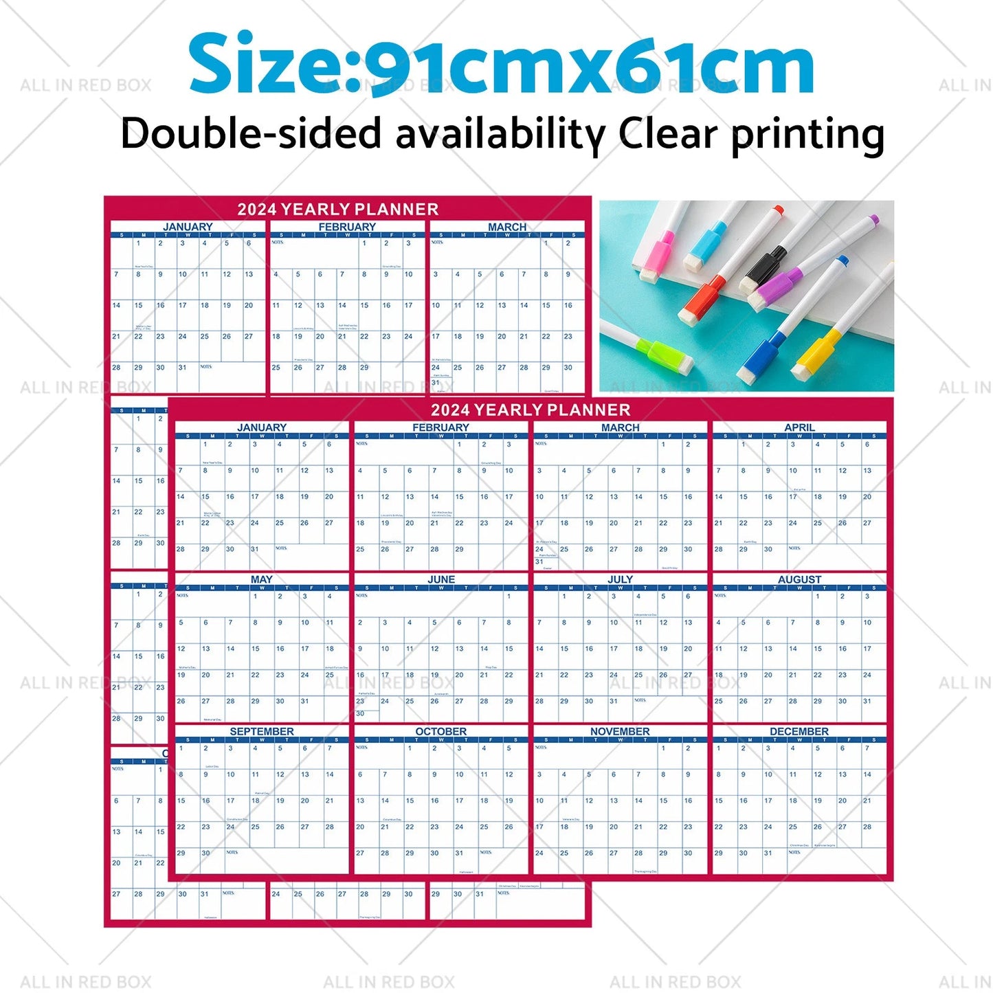 24 x 36in 2024 Dry Erase Wall Calendar Planner - Red (2024)