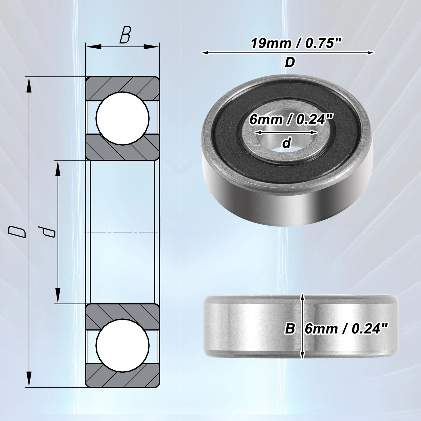 10 Pcs 6x19x6mm Double Rubber Seal Deep Groove Ball Bearings for Car