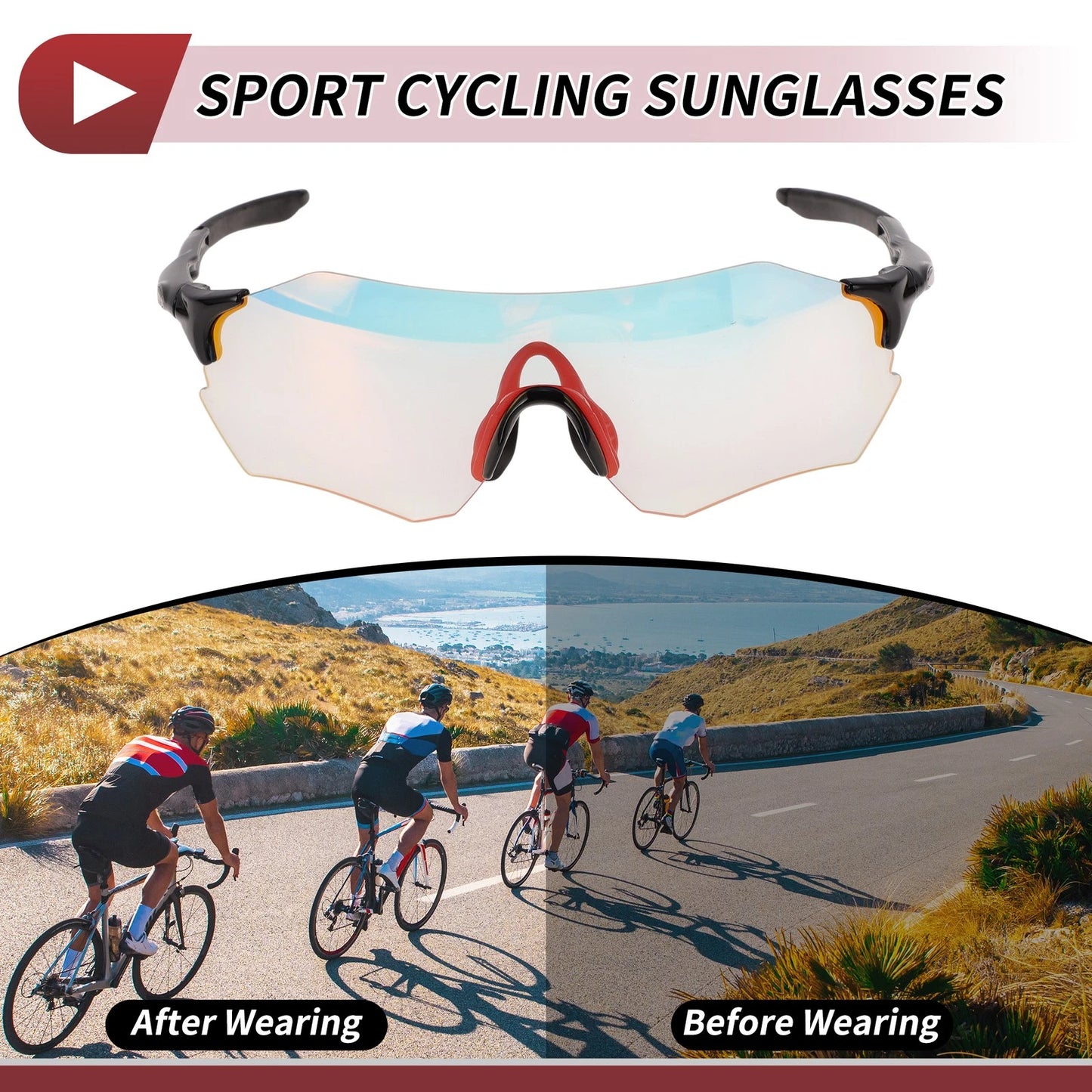 Motorcycle Riding Goggles Light Red Lens Black Frame TPU Cycling Sunglasses