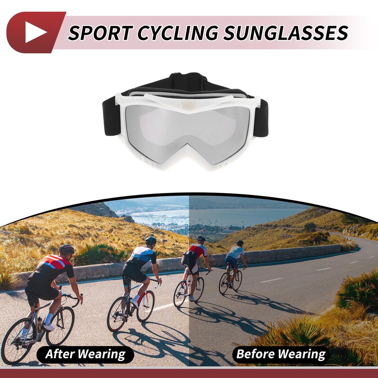 Motorcycle Riding Goggles Silver Tone Lens White Frame PC Cycling Sunglasses