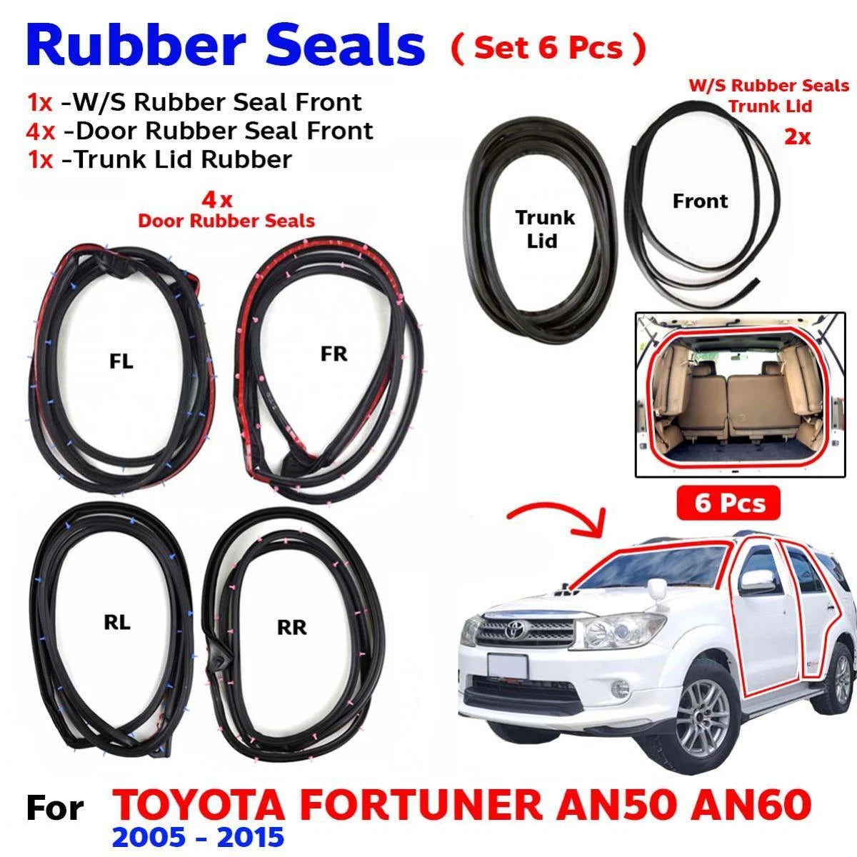 Windshield Front Door Rubber Set 6 Fits Toyota Fortuner AN50 AN60 SUV 2005-15