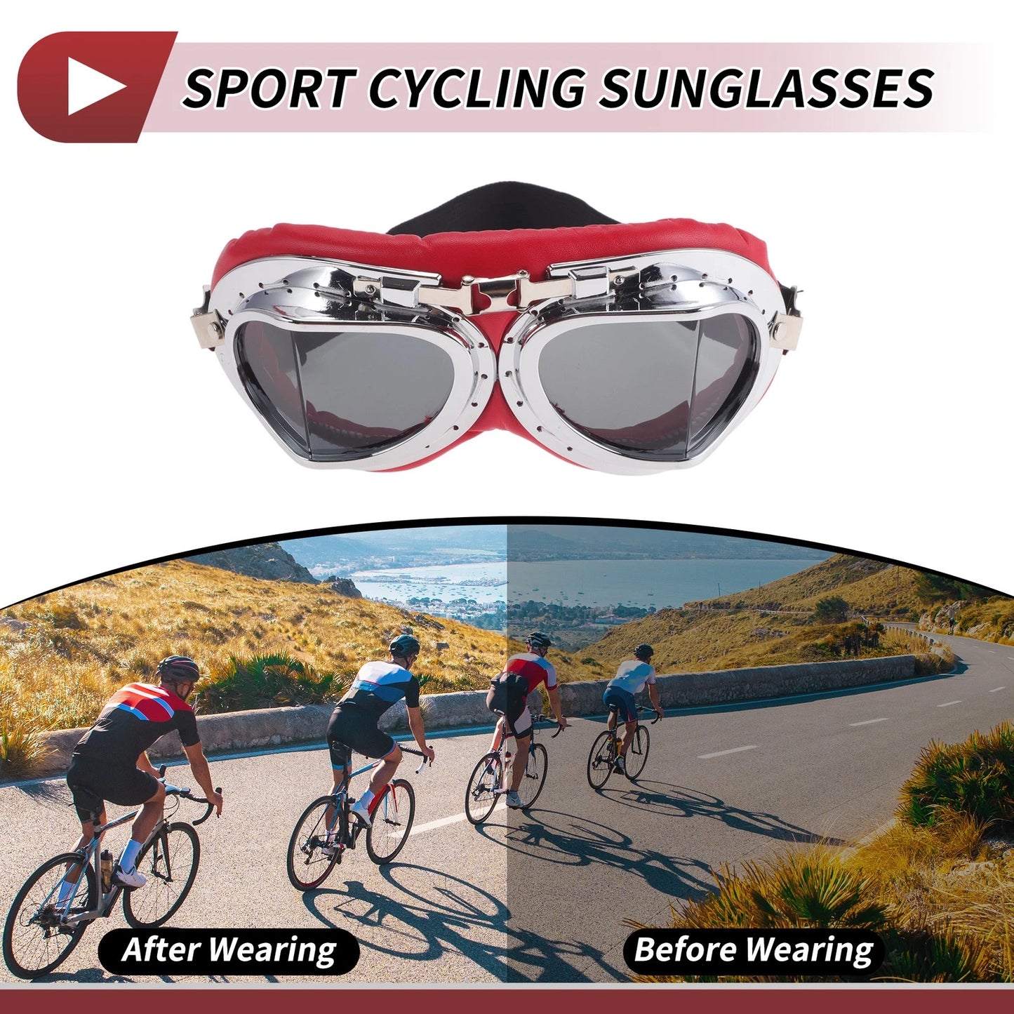 1 Pc Motorcycle Riding Goggles Deep Gray Lens Red Silver Frame PU Sponge