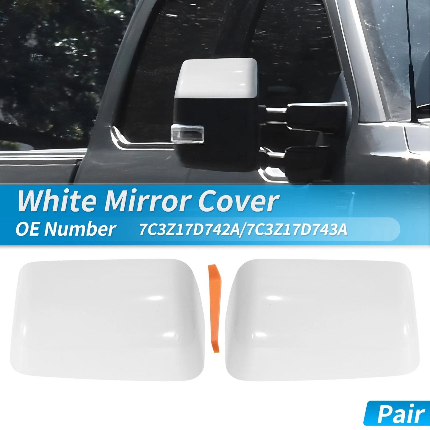2 x White Top Half Door Mirror Cap Covers for Ford F250 F350 Super Duty (2008-2016)