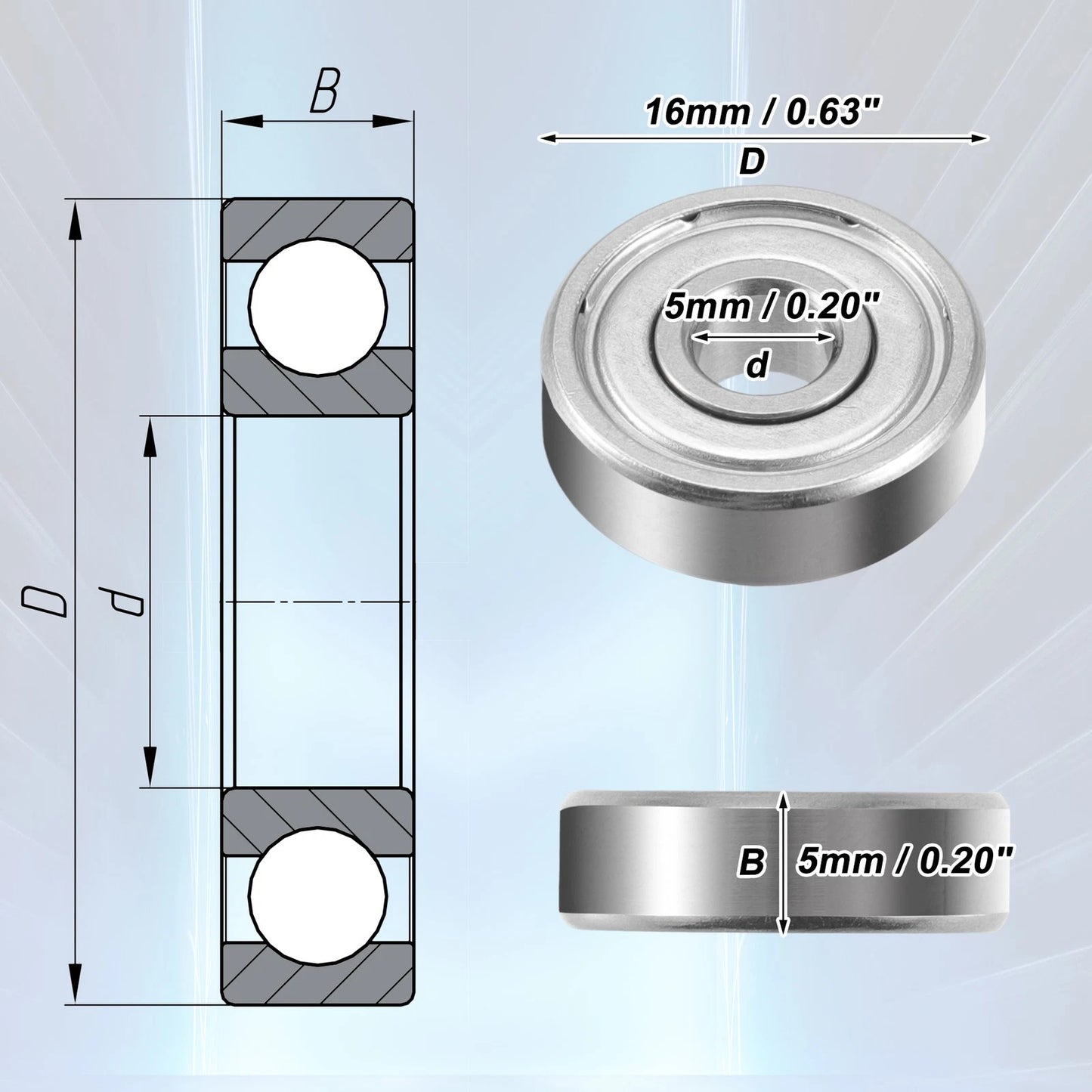 2 x 5x16x5mm Double Metal Shield Single Row Deep Groove Ball Bearings