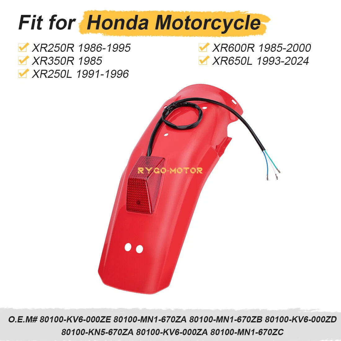 Red Rear Fender with Taillight for Honda XR250R/XR600R (1986–1995/1985–2000)
