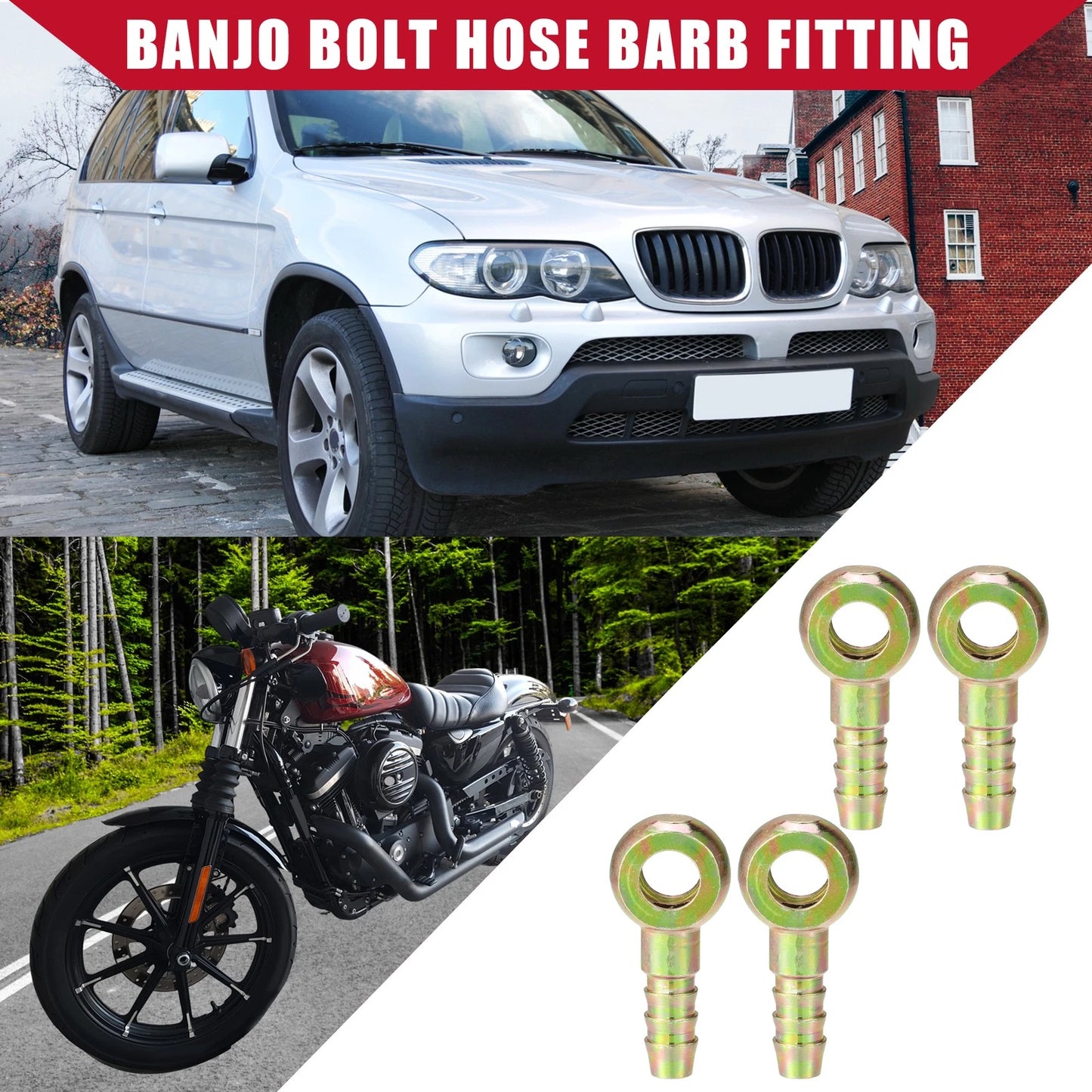 4 x Banjo Bolt Hose Barb Fitting 10mm ID 10mm OD Metal for Car Motorcycle