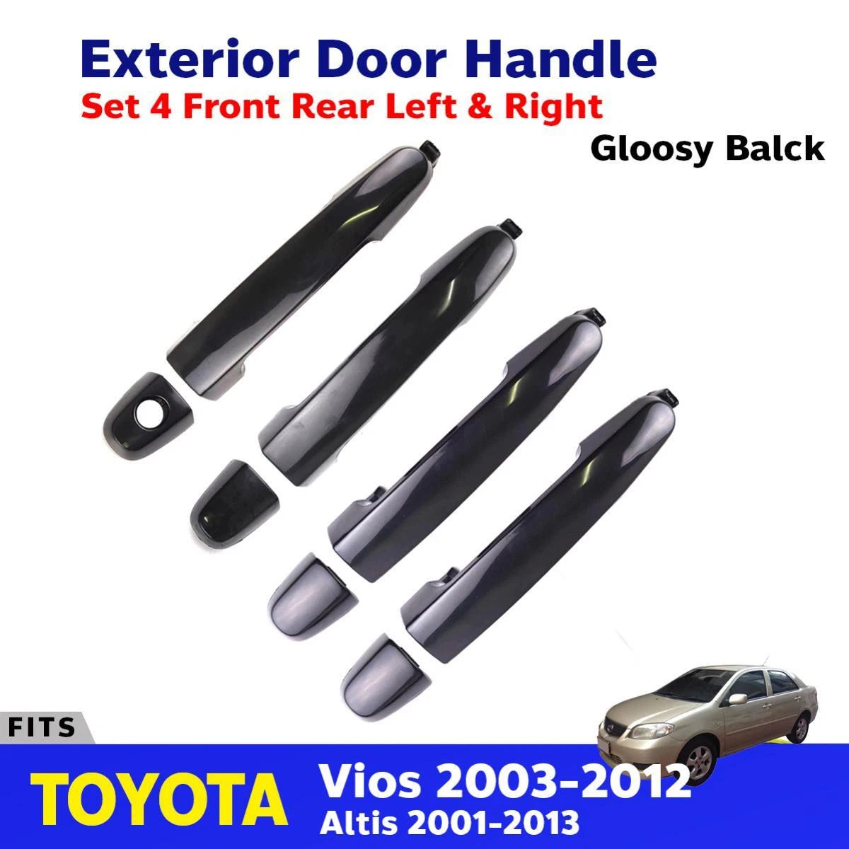 Exterior Door Handle Black Set 4 L+R Fits Toyota Vios Yaris 4D Sedan 2003-12 D06