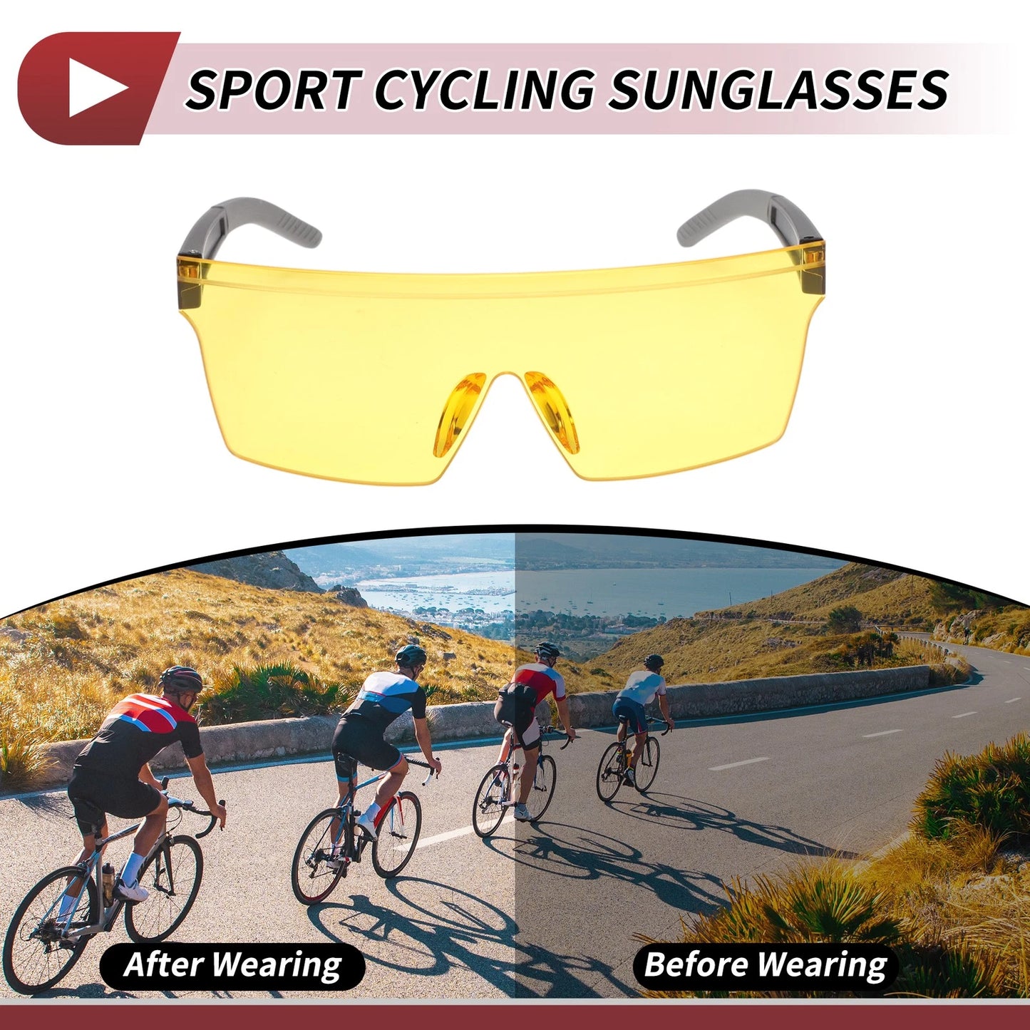 Motorcycle Riding Goggles Yellow Lens Black Frame PC Cycling Sunglasses