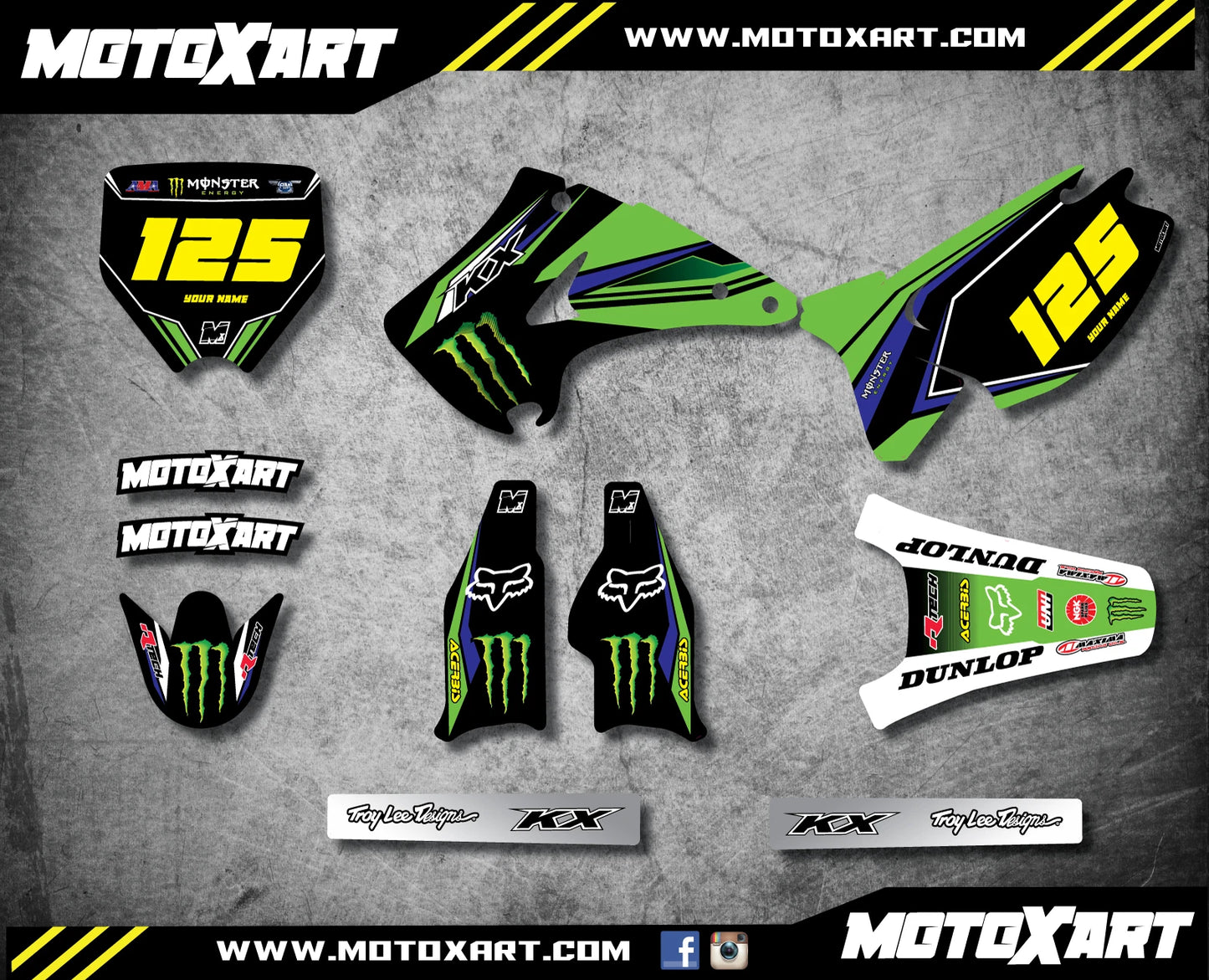 Full Graphics Kit Custom Stickers Decals for Kawasaki KX 125 (2003-2012)
