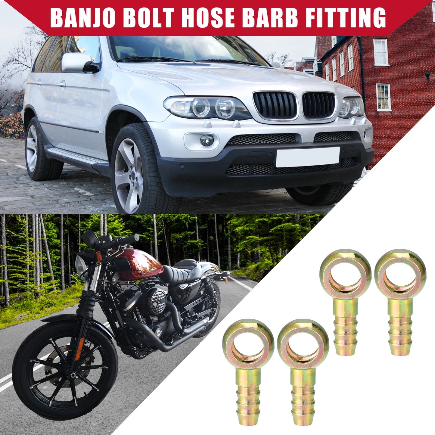 Banjo Bolt Hose Barb Fitting 4 Pcs 14mm ID 12mm OD for Car Motorcycle Metal