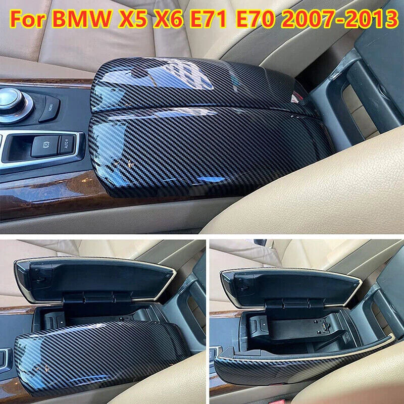 Carbon Fiber Center Console Armrest Box Cover for BMW X5 X6 (2007–2013)