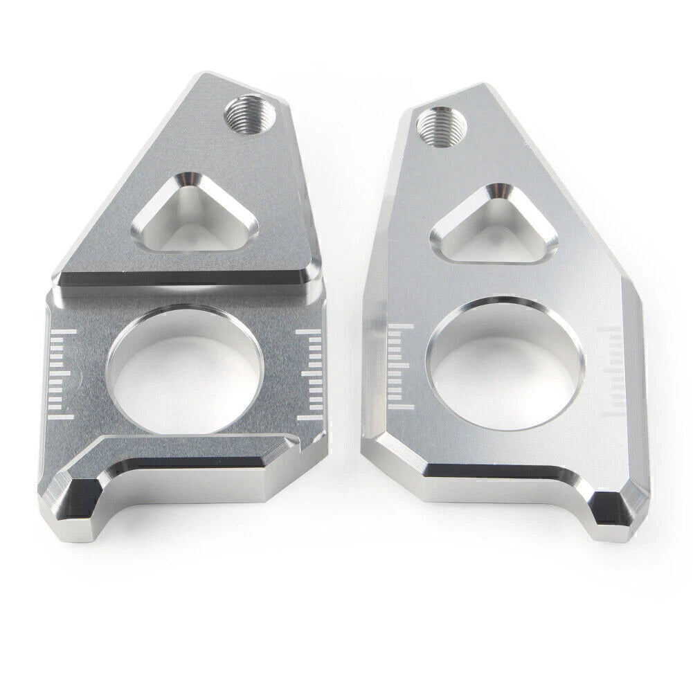 2 x Silver Axle Spindle Chain Adjuster Blocks for Yamaha YZF R1, FZ8, FZ1, TMAX 530