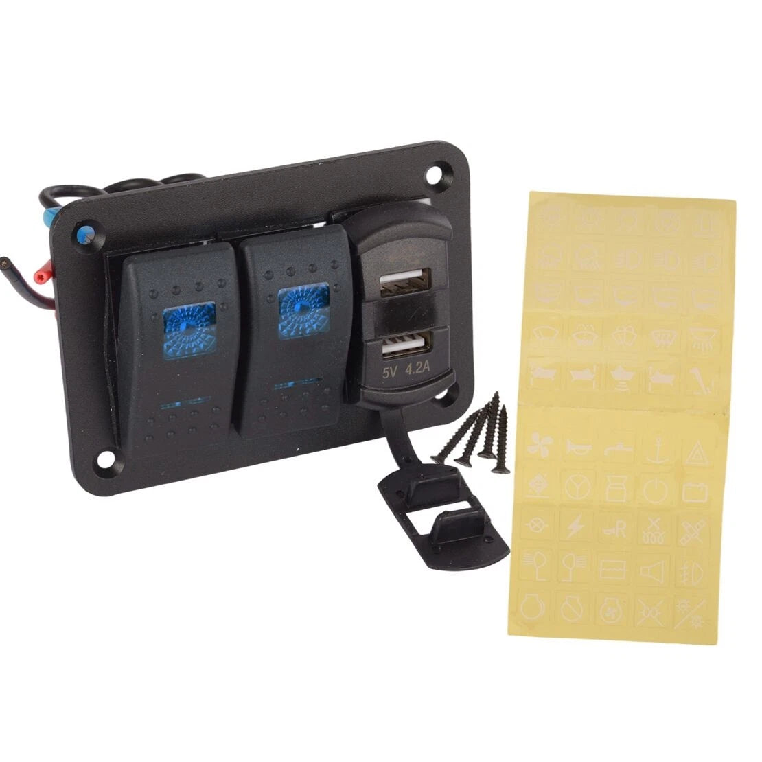 Gang Toggle Rocker Switch Panel with Dual USB for Car Boat RV Truck Blue LED