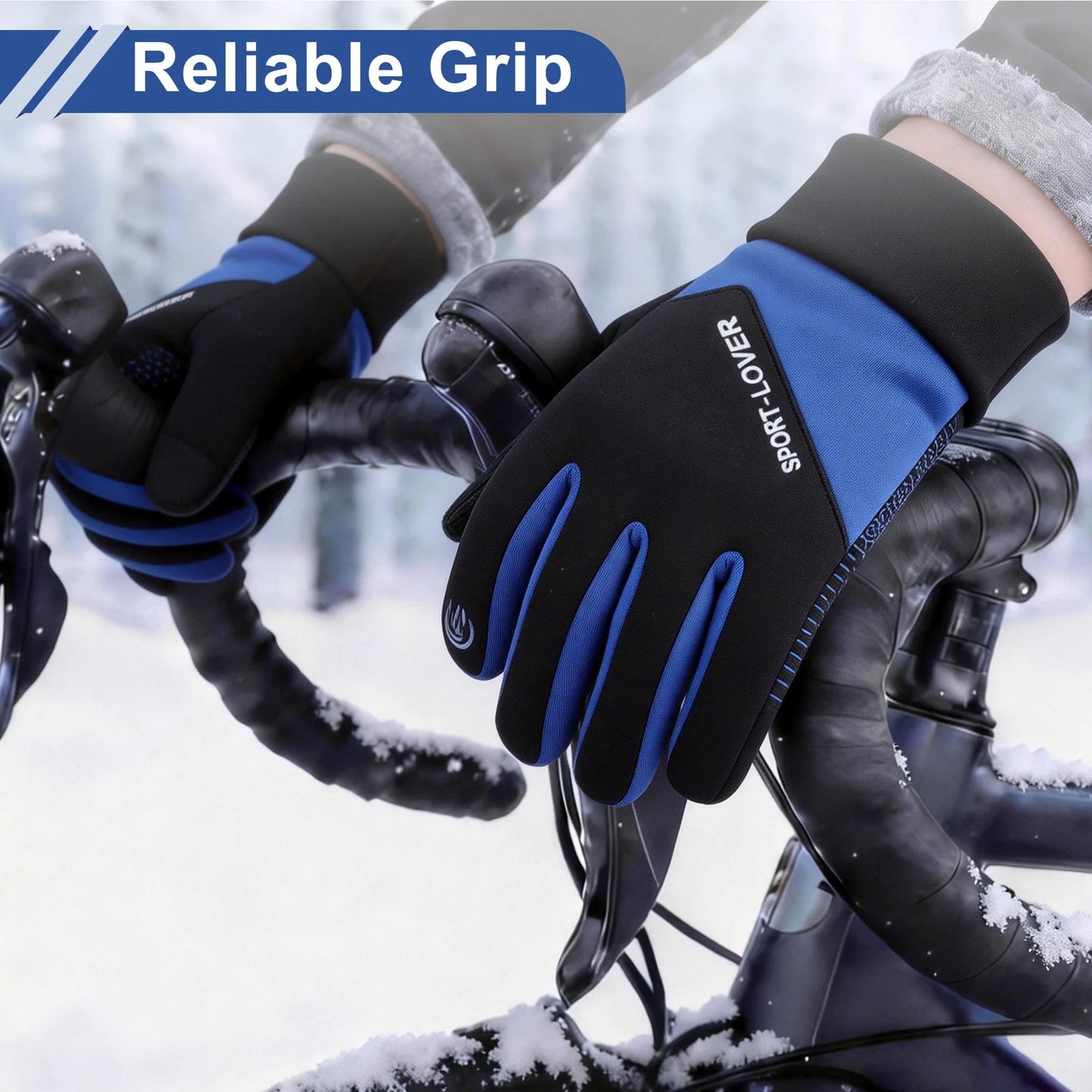 Men's Full Finger Outdoor Fleece Cycling Gloves Black Blue for Mountain Biking