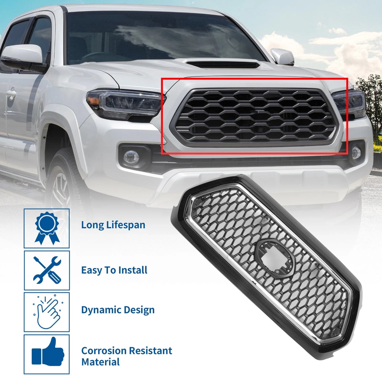 Front Hood Bumper Grille Chrome for Toyota Tacoma (2019-2020)