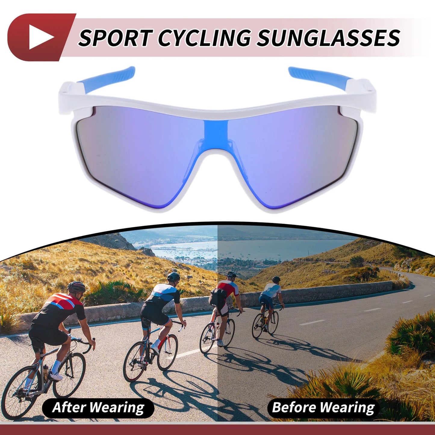 Goggles Motorcycle Riding Blue Lens White Frame PC Cycling Sunglasses