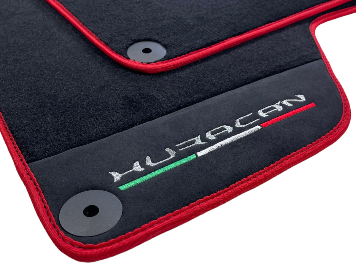 Black Floor Mats for Lamborghini Huracan with Alcantara Leather & Red Trim