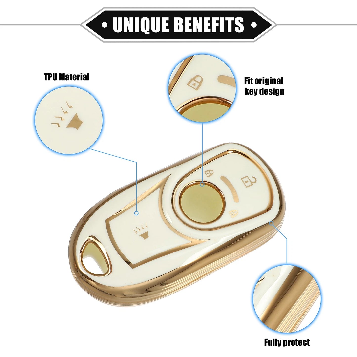 4 Button Key Fob Shell Cover with Keychain for Buick Encore Enclave TPU White