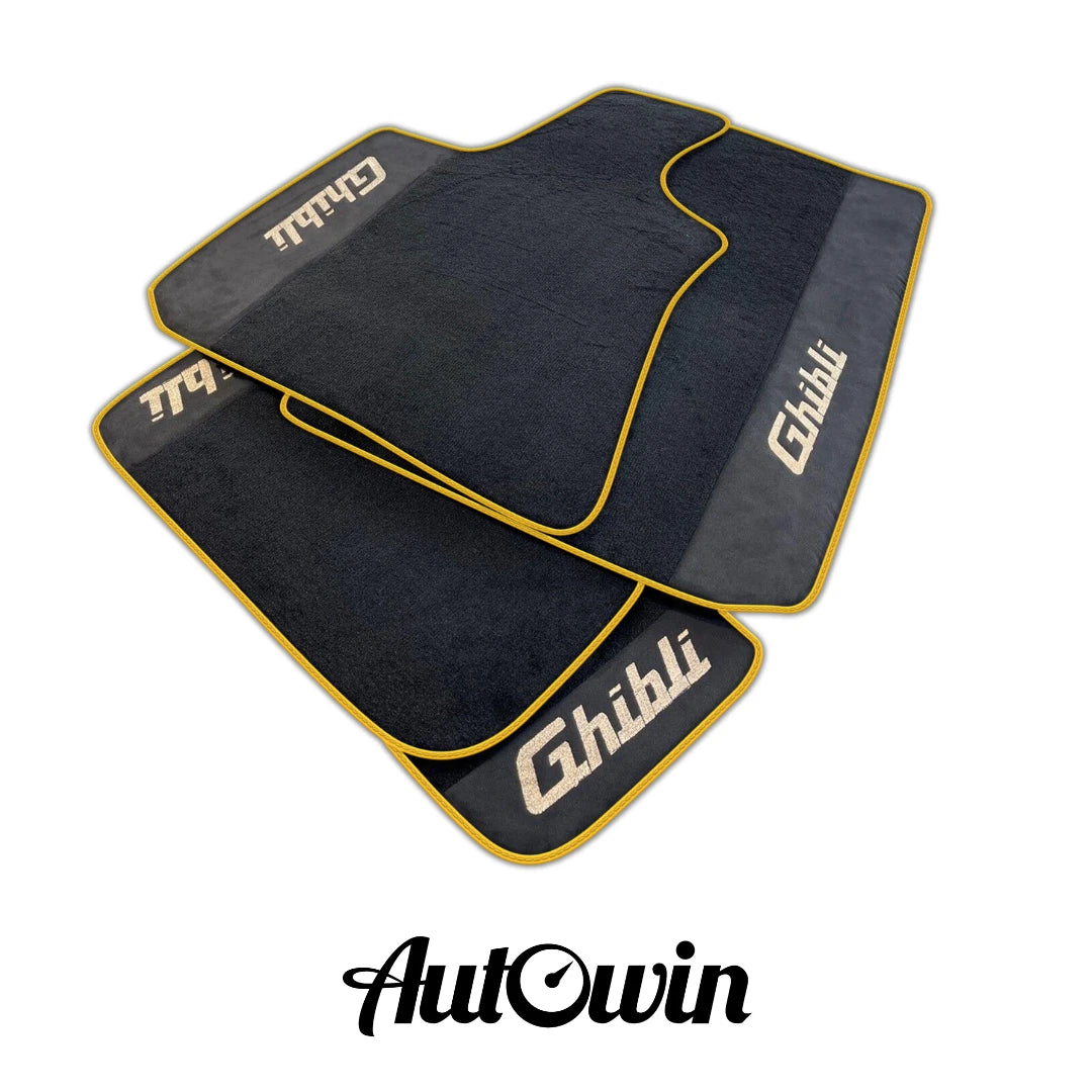 AutoWin Black Floor Mats for Maserati Ghibli (2014-2023) - Alcantara, Orange Trim