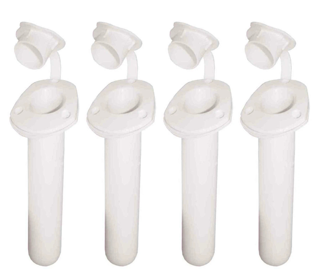 4 Boat Recessed White Fishing Rod Holders & Caps 30° Angle Drain Hole